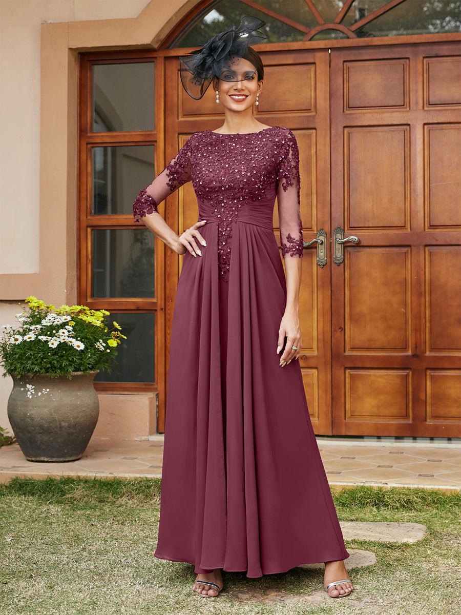 Vestidos Longos de Noite com Mangas Meio Comprimento e Aplicações de Renda em Estilo A-Line/Princesa