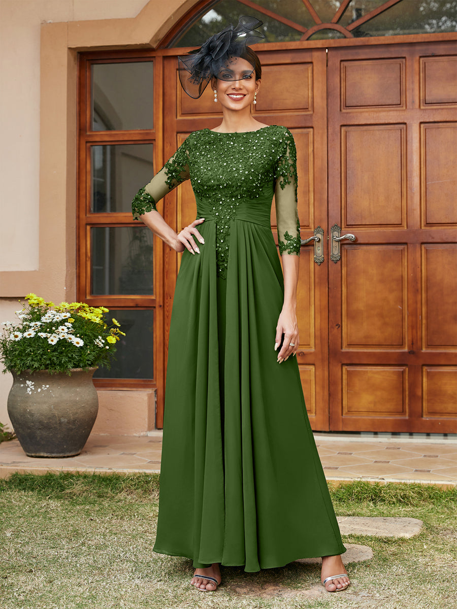 Vestidos Longos de Noite com Mangas Meio Comprimento e Aplicações de Renda em Estilo A-Line/Princesa