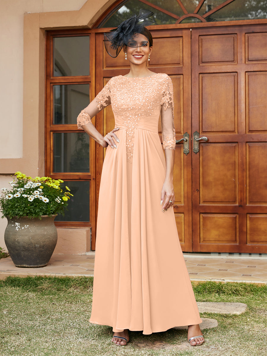 Vestidos Longos de Noite com Mangas Meio Comprimento e Aplicações de Renda em Estilo A-Line/Princesa