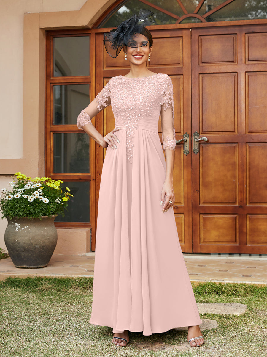 Vestidos Longos de Noite com Mangas Meio Comprimento e Aplicações de Renda em Estilo A-Line/Princesa