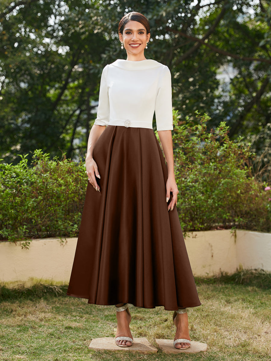 Vestidos Longos de Noite com Mangas Meio Comprimento e Gola Alta Bordados com Strass em Estilo A-Line/Princesa