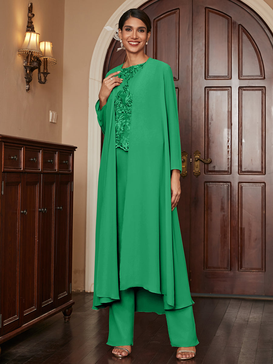 Macacão de Calça de Manga Longa em Chiffon com Aplicações e Casaco