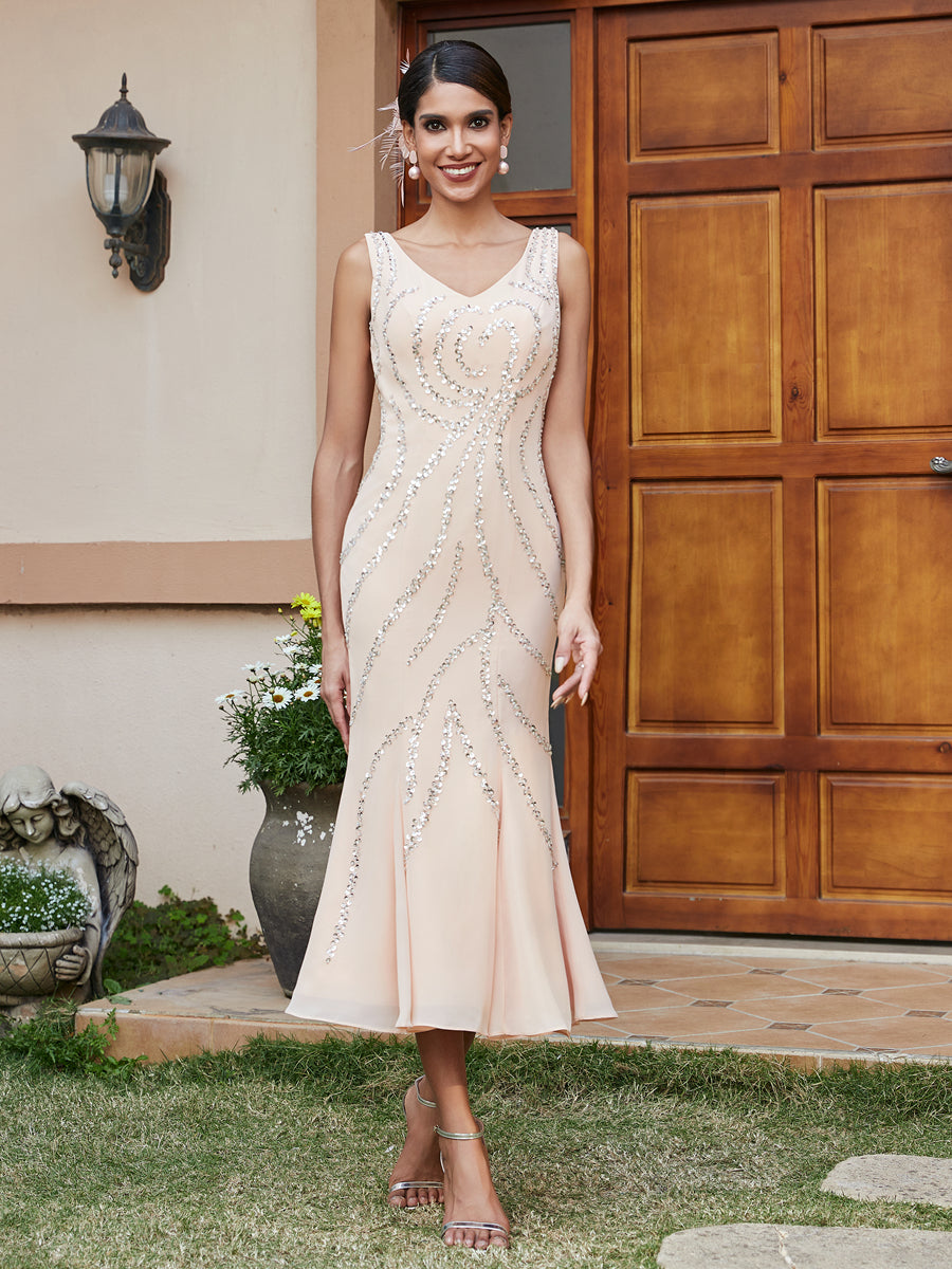 Vestidos Longos de Noite com Mangas 3/4 e Decote em V Bordados com Lantejoulas e Casaco em Estilo Sereia/Coluna