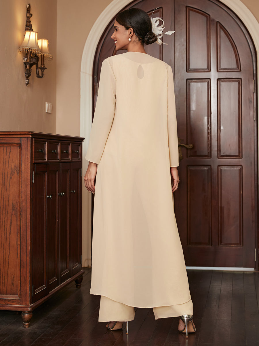 Macacão de Calça de Manga Longa em Chiffon com Casaco