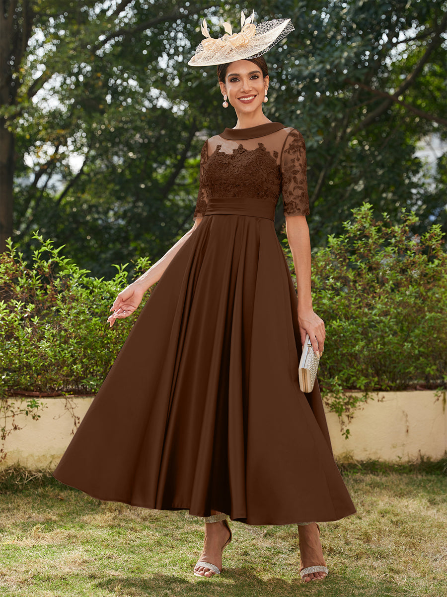 Vestidos Longos de Noite com Mangas Meio Comprimento e Gola Redonda Bordados em Estilo A-Line/Princesa até o Tornozelo