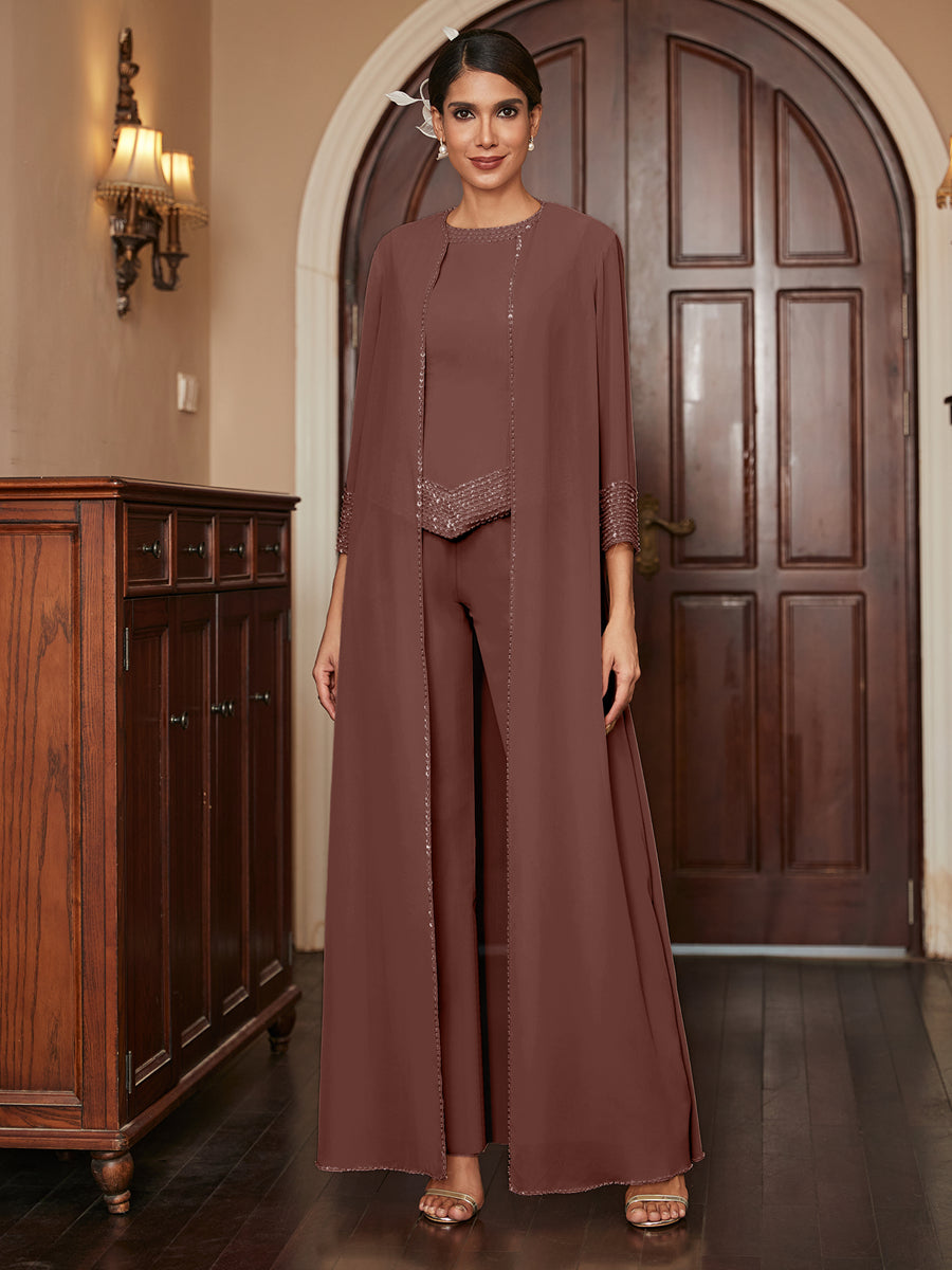 Macacão de Calça 3/4 de Mangas em Chiffon com Detalhes em Lantejoulas e Casaco