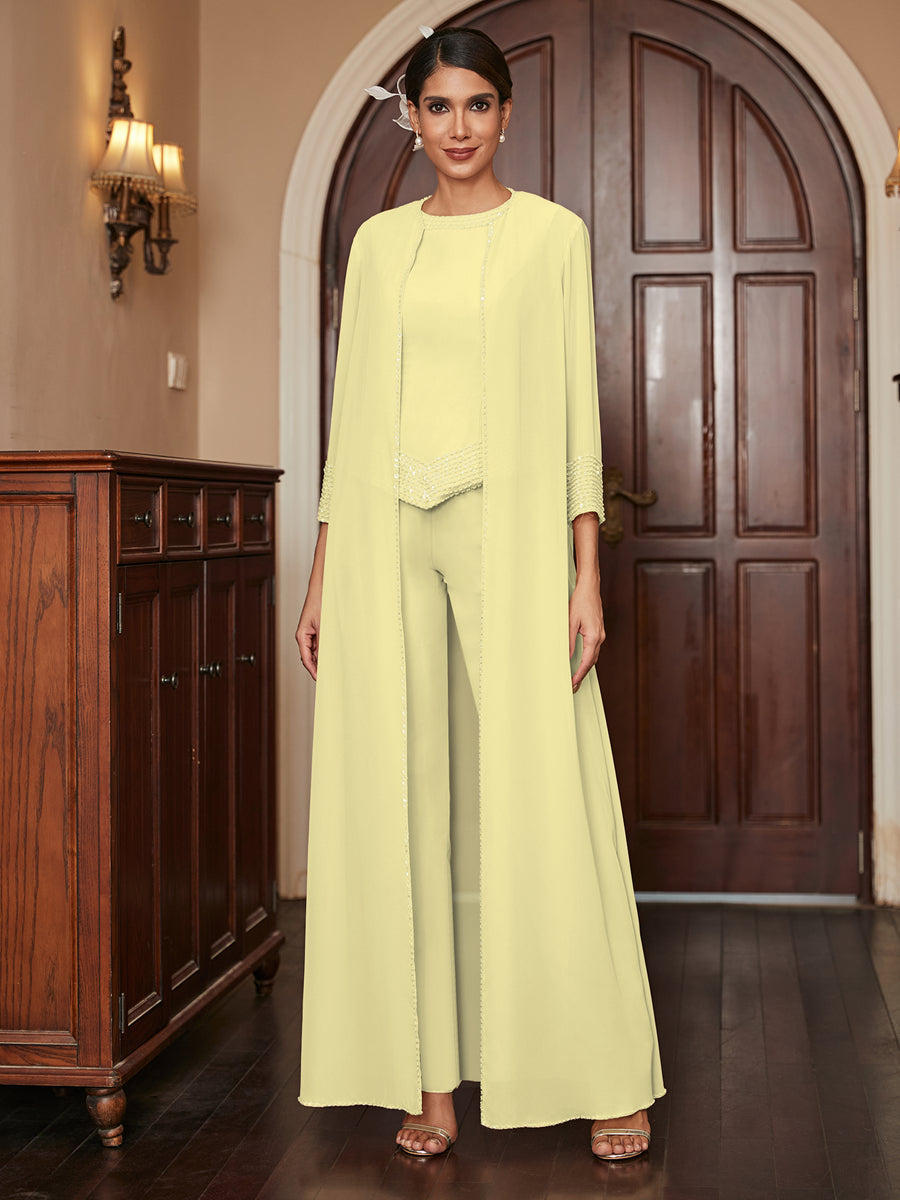 Macacão de Calça 3/4 de Mangas em Chiffon com Detalhes em Lantejoulas e Casaco