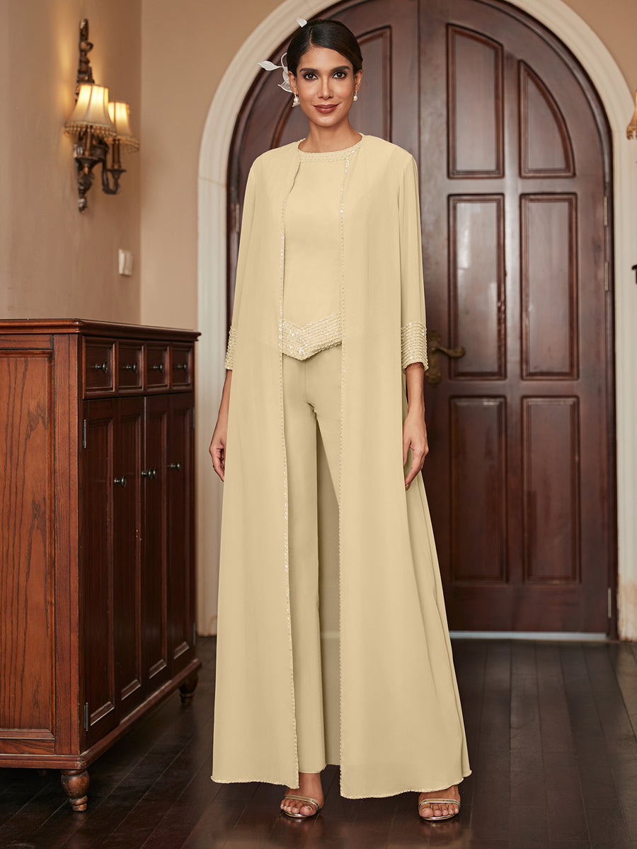 Macacão de Calça 3/4 de Mangas em Chiffon com Detalhes em Lantejoulas e Casaco