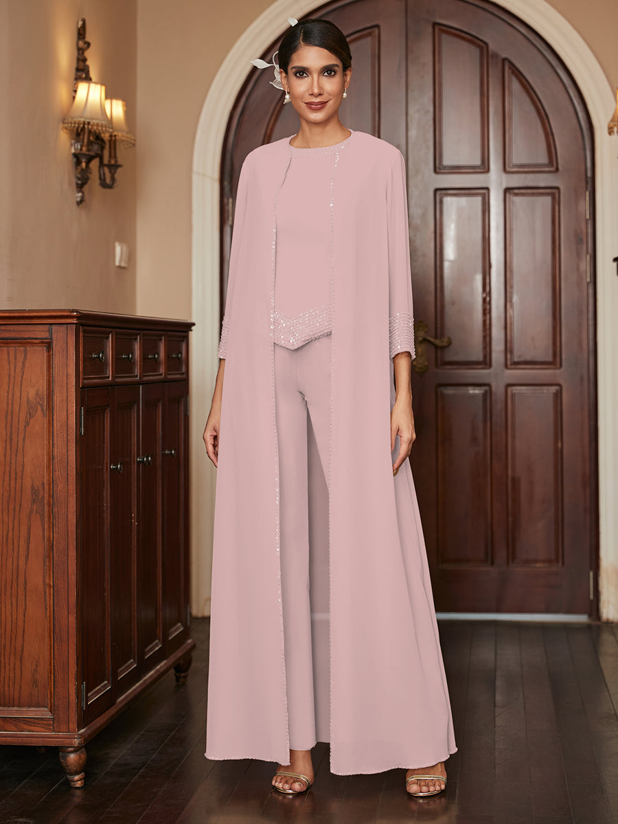 Macacão de Calça 3/4 de Mangas em Chiffon com Detalhes em Lantejoulas e Casaco