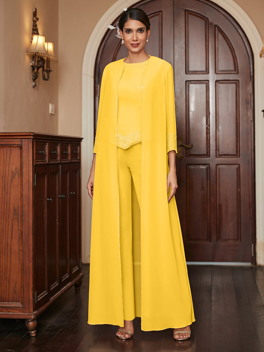 Macacão de Calça 3/4 de Mangas em Chiffon com Detalhes em Lantejoulas e Casaco