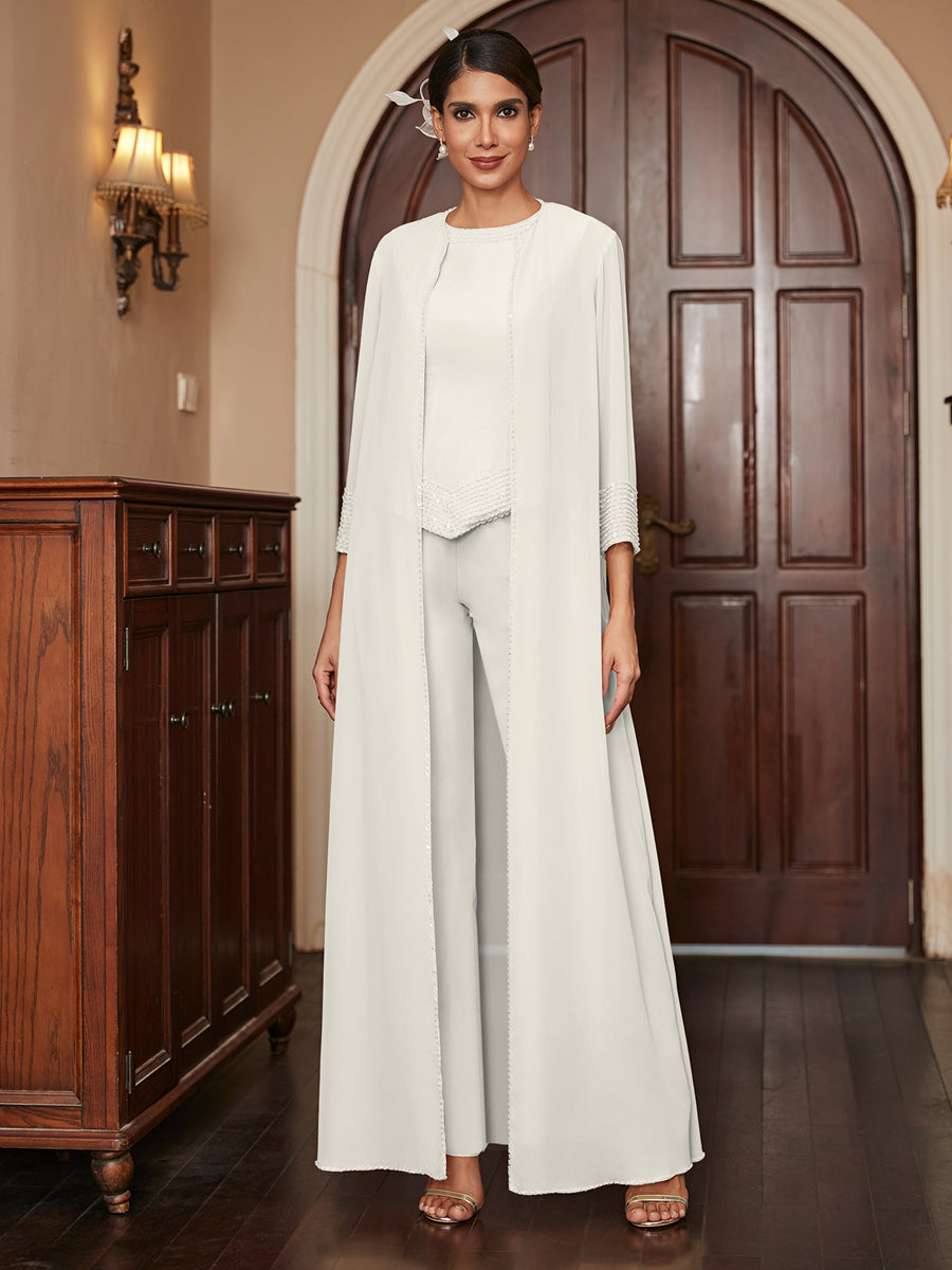 Macacão de Calça 3/4 de Mangas em Chiffon com Detalhes em Lantejoulas e Casaco