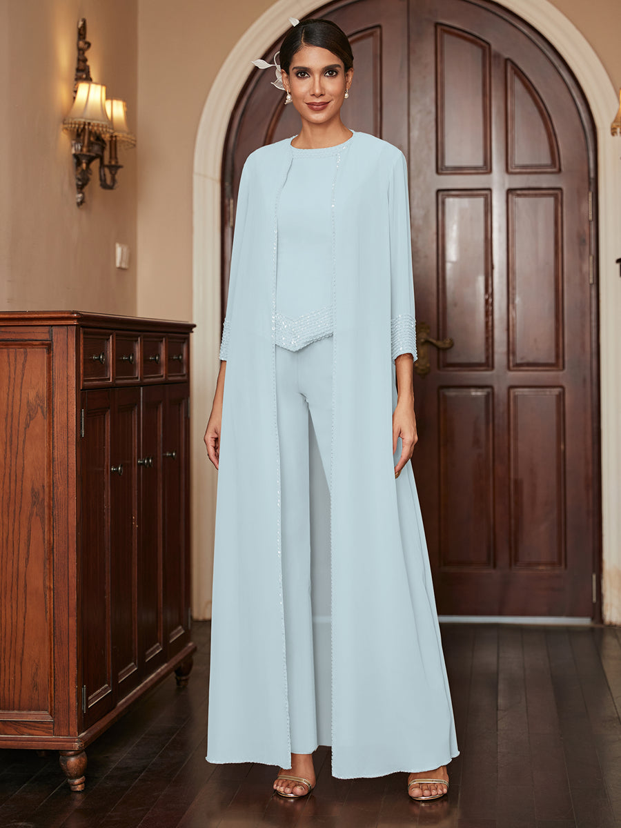 Macacão de Calça 3/4 de Mangas em Chiffon com Detalhes em Lantejoulas e Casaco