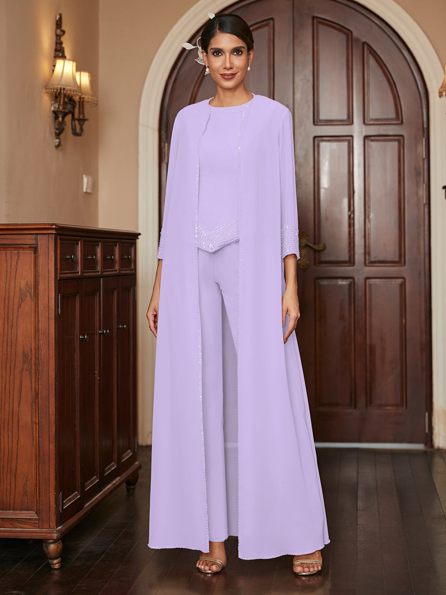 Macacão de Calça 3/4 de Mangas em Chiffon com Detalhes em Lantejoulas e Casaco