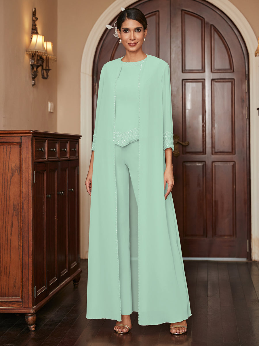 Macacão de Calça 3/4 de Mangas em Chiffon com Detalhes em Lantejoulas e Casaco