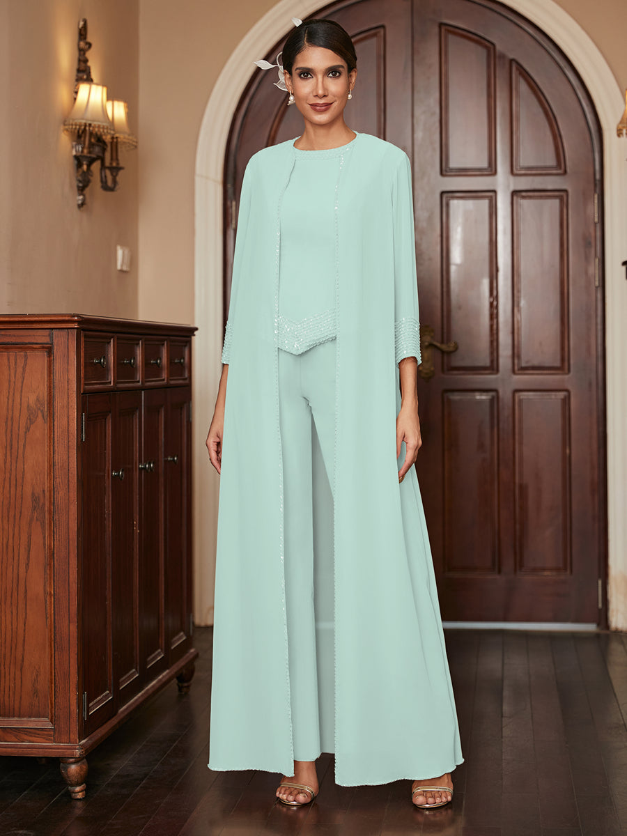 Macacão de Calça 3/4 de Mangas em Chiffon com Detalhes em Lantejoulas e Casaco