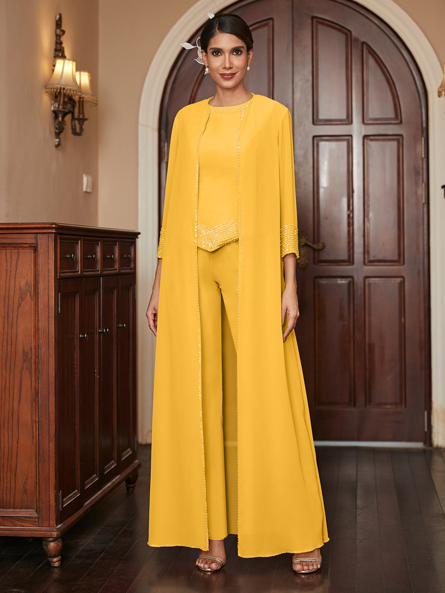 Macacão de Calça 3/4 de Mangas em Chiffon com Detalhes em Lantejoulas e Casaco