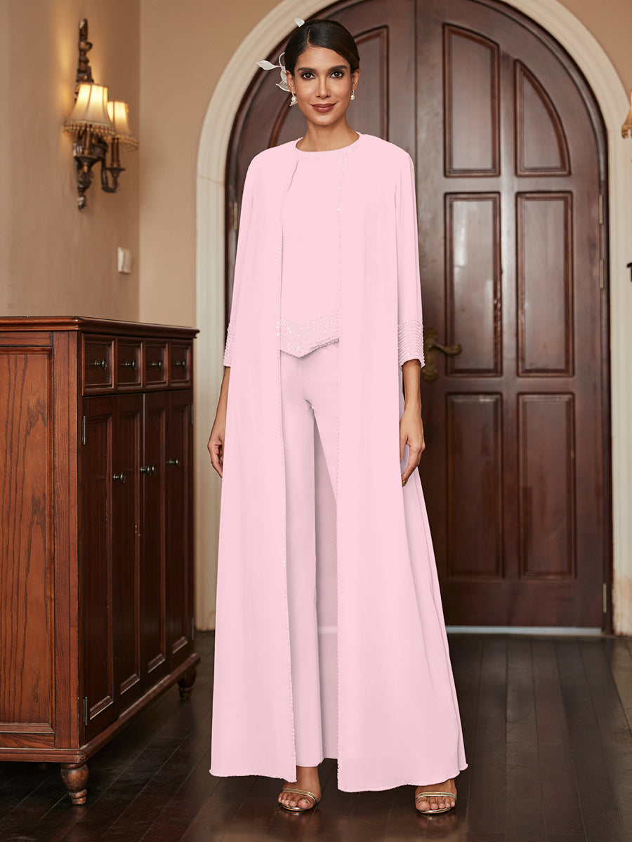 Macacão de Calça 3/4 de Mangas em Chiffon com Detalhes em Lantejoulas e Casaco