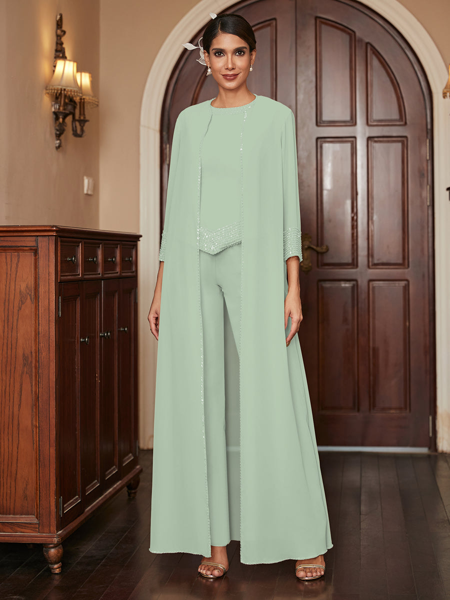 Macacão de Calça 3/4 de Mangas em Chiffon com Detalhes em Lantejoulas e Casaco