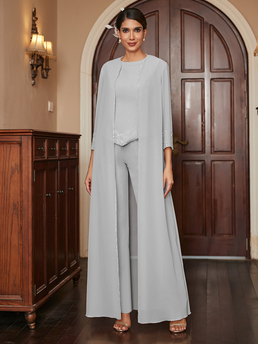 Macacão de Calça 3/4 de Mangas em Chiffon com Detalhes em Lantejoulas e Casaco