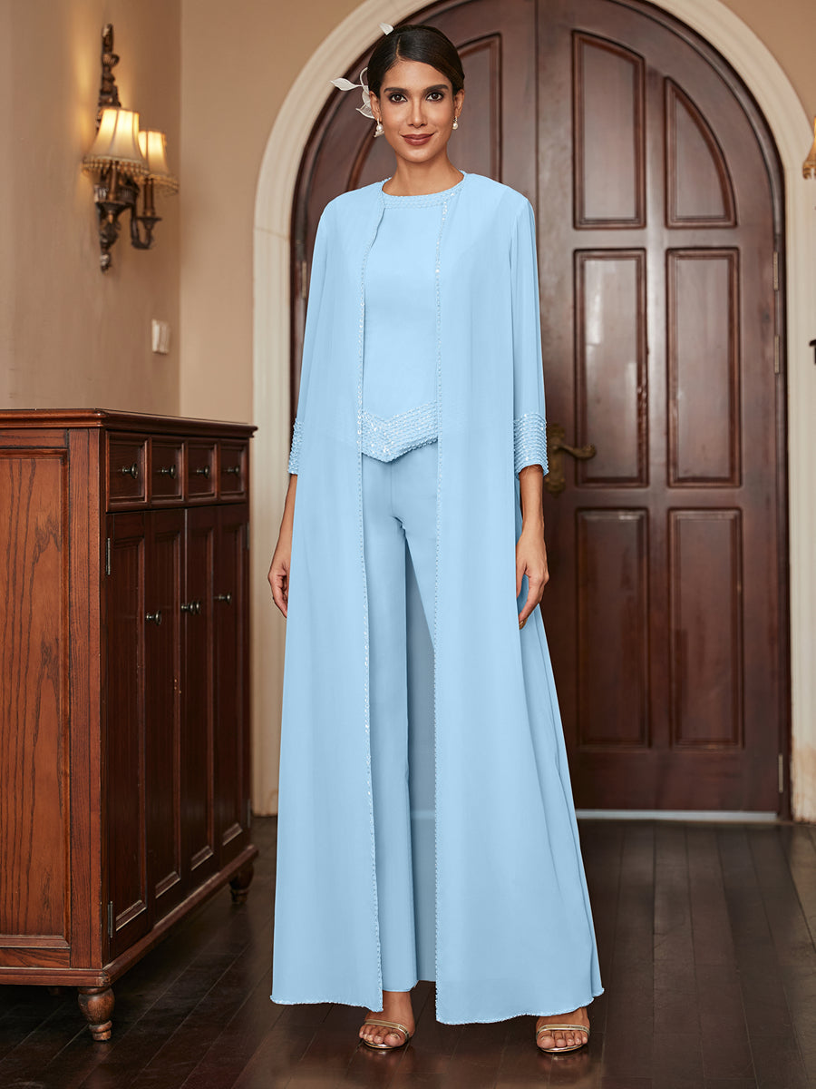 Macacão de Calça 3/4 de Mangas em Chiffon com Detalhes em Lantejoulas e Casaco