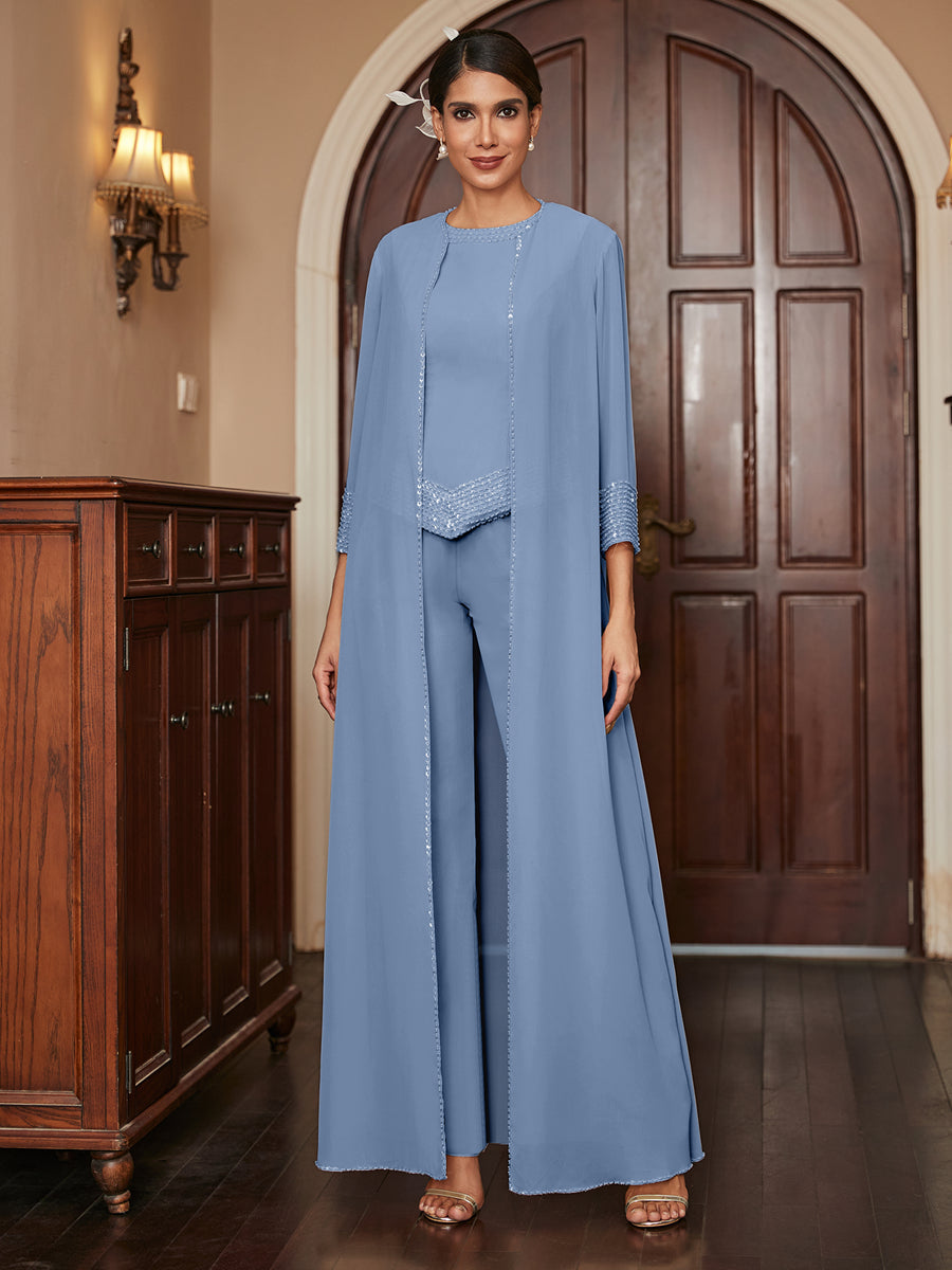 Macacão de Calça 3/4 de Mangas em Chiffon com Detalhes em Lantejoulas e Casaco