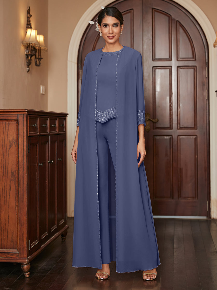 Macacão de Calça 3/4 de Mangas em Chiffon com Detalhes em Lantejoulas e Casaco