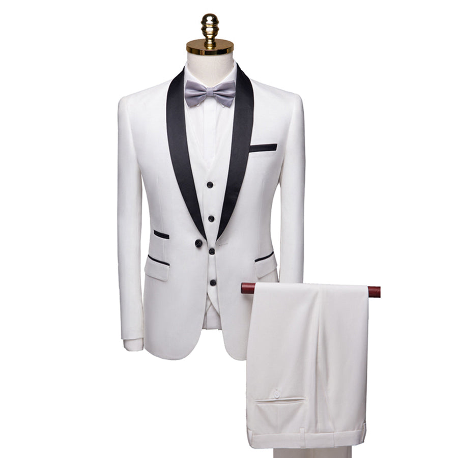 Terno de Casamento para Homens com Corte Ajustado e Abotoamento Simples em 3 Peças de Cor Sólida com Um Botão