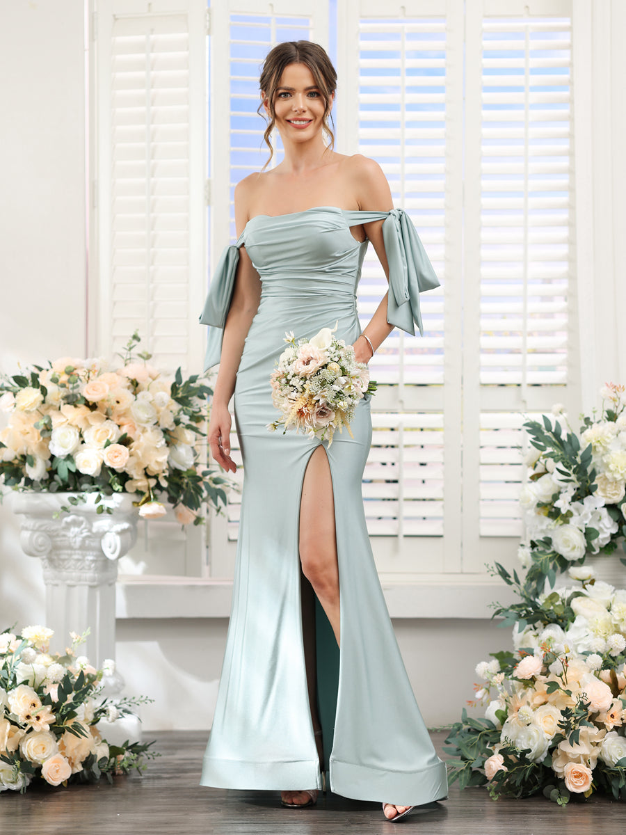 Vestidos de Baile de Cetim de Seda com Ombros de Fora Sem Mangas e Laterais Divididas