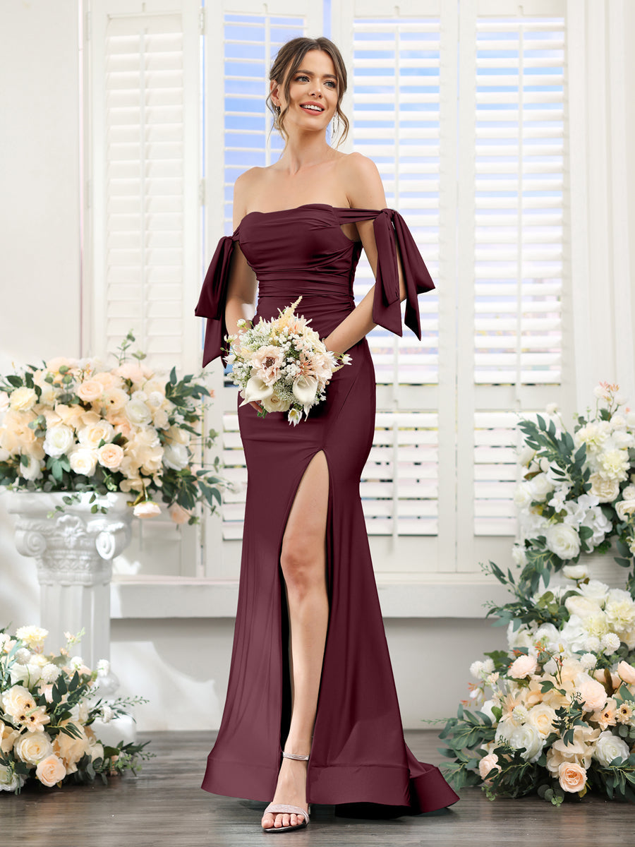 Vestidos de Baile de Cetim de Seda com Ombros de Fora Sem Mangas e Laterais Divididas