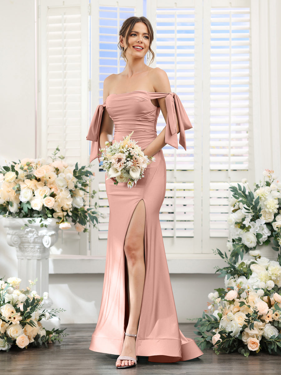 Vestidos de Baile de Cetim de Seda com Ombros de Fora Sem Mangas e Laterais Divididas