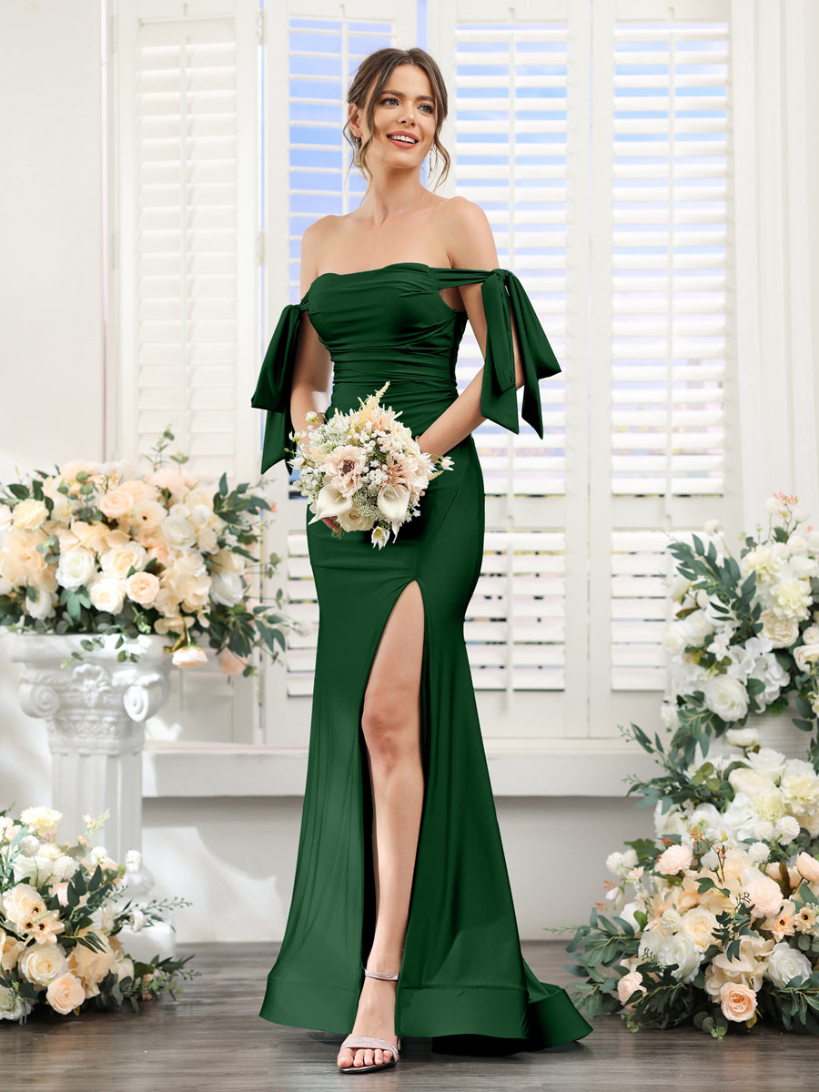 Vestidos de Baile de Cetim de Seda com Ombros de Fora Sem Mangas e Laterais Divididas