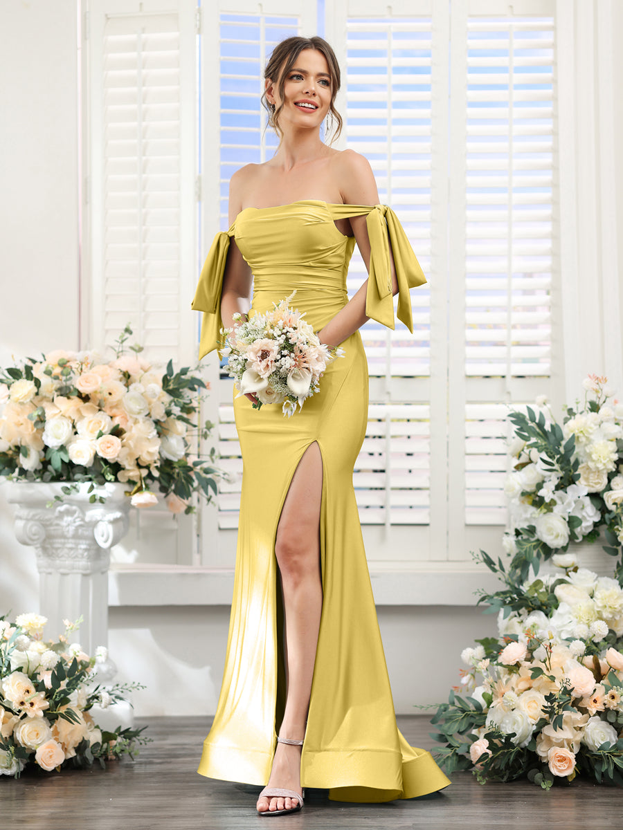 Vestidos de Baile de Cetim de Seda com Ombros de Fora Sem Mangas e Laterais Divididas