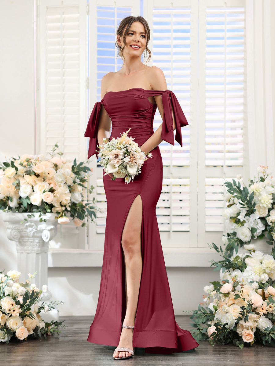 Vestidos de Baile de Cetim de Seda com Ombros de Fora Sem Mangas e Laterais Divididas