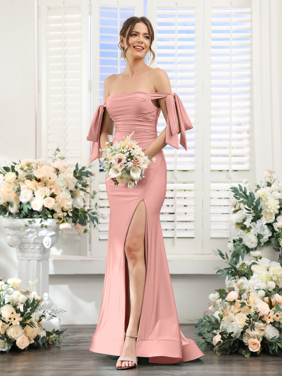 Vestidos de Baile de Cetim de Seda com Ombros de Fora Sem Mangas e Laterais Divididas