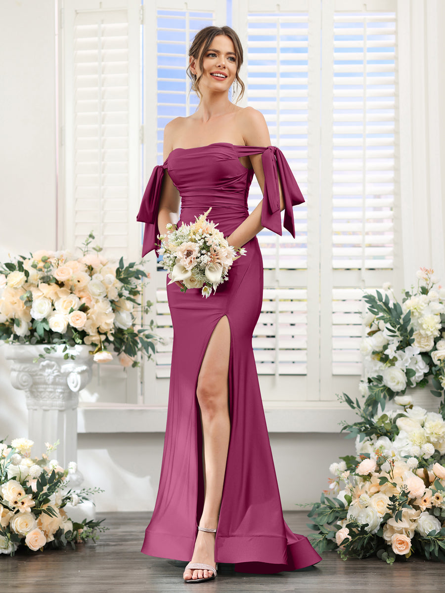Vestidos de Baile de Cetim de Seda com Ombros de Fora Sem Mangas e Laterais Divididas