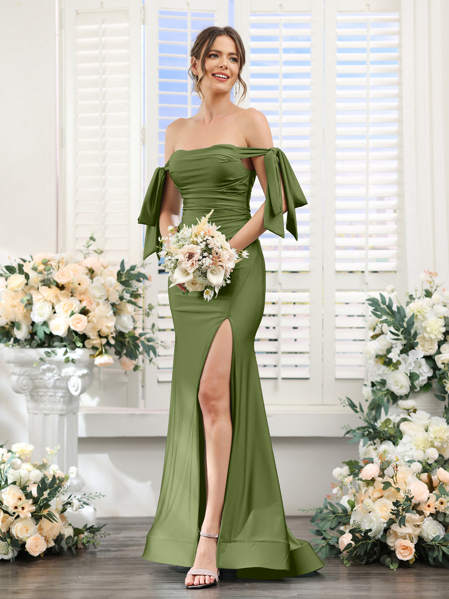 Vestidos de Baile de Cetim de Seda com Ombros de Fora Sem Mangas e Laterais Divididas