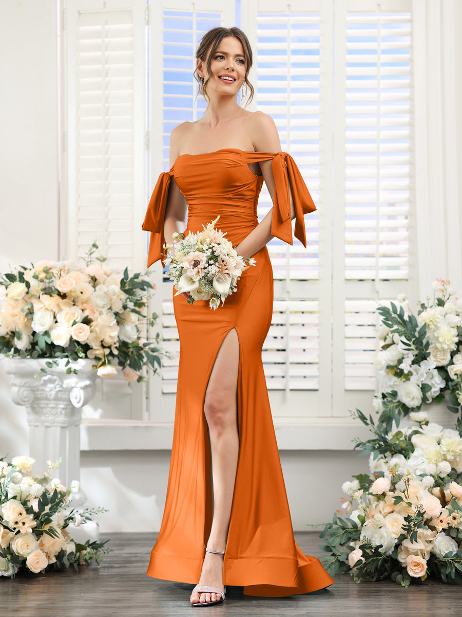 Vestidos de Baile de Cetim de Seda com Ombros de Fora Sem Mangas e Laterais Divididas