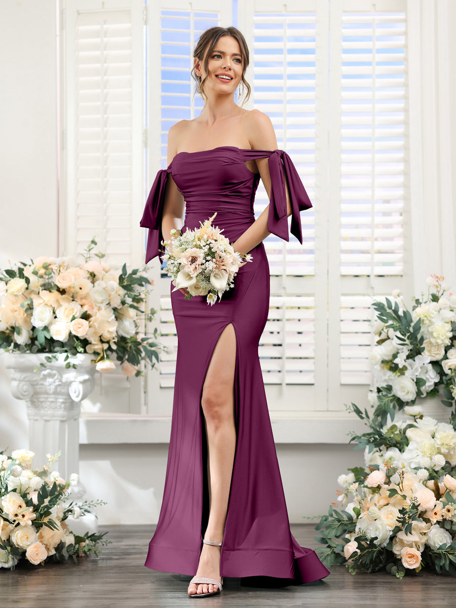 Vestidos de Baile de Cetim de Seda com Ombros de Fora Sem Mangas e Laterais Divididas