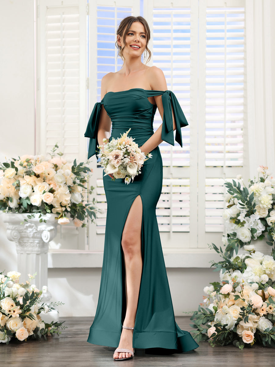 Vestidos de Baile de Cetim de Seda com Ombros de Fora Sem Mangas e Laterais Divididas