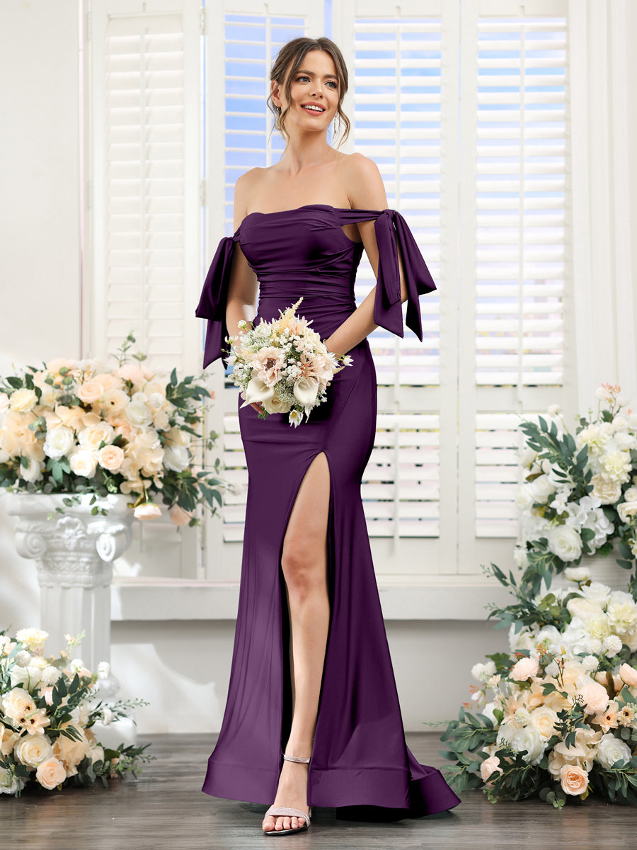 Vestidos de Baile de Cetim de Seda com Ombros de Fora Sem Mangas e Laterais Divididas