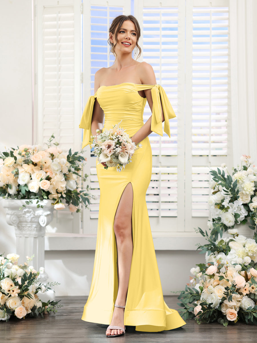 Vestidos de Baile de Cetim de Seda com Ombros de Fora Sem Mangas e Laterais Divididas