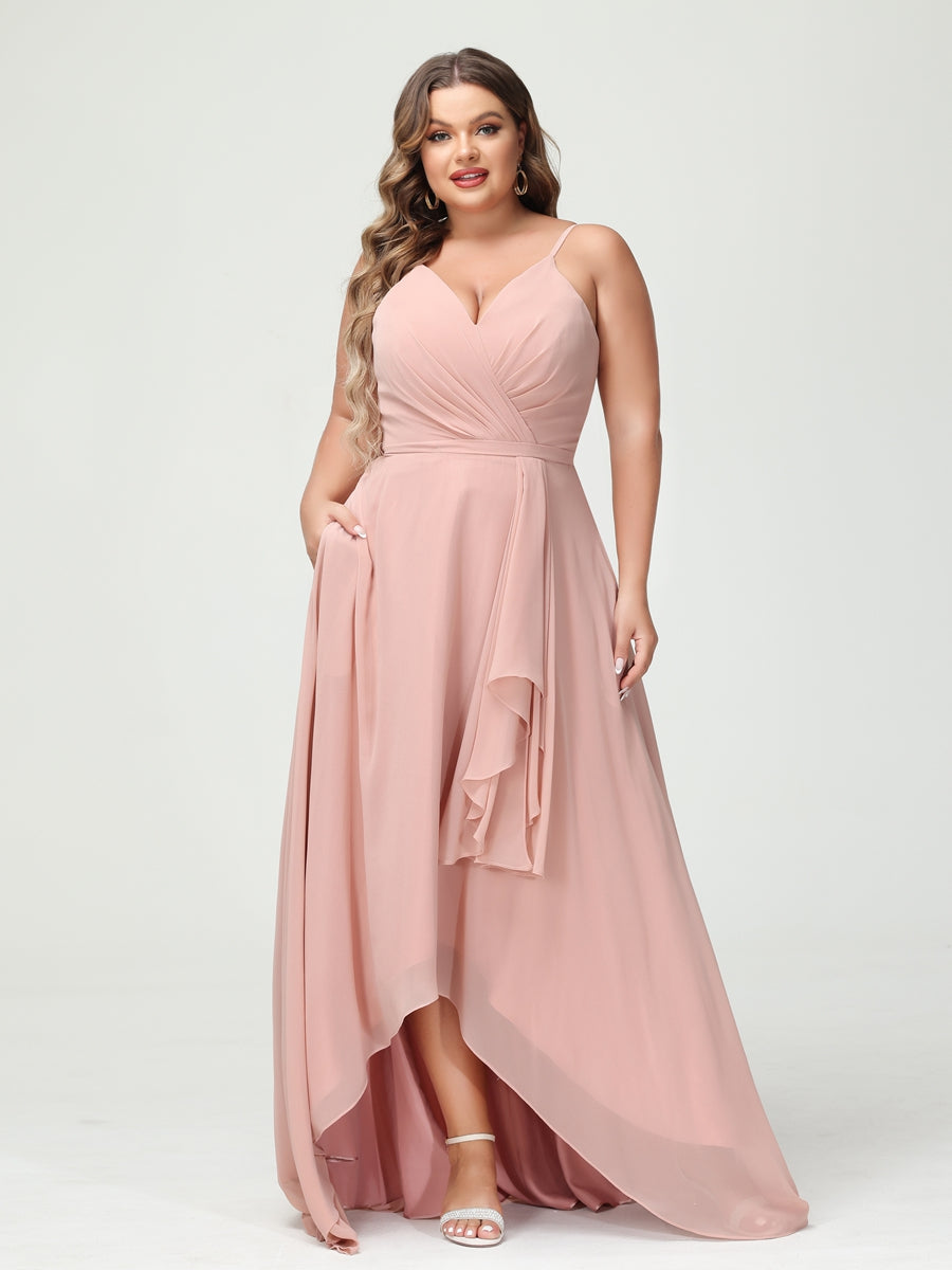Vestidos Princesa/ Formato A com Alças Finas Em Chiffon Babados Assimétricos Vestidos de Dama de Honra com Bolsos