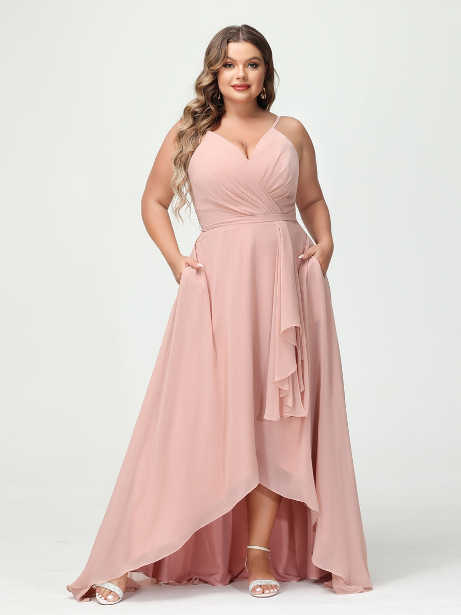 Vestidos Princesa/ Formato A com Alças Finas Em Chiffon Babados Assimétricos Vestidos de Dama de Honra com Bolsos
