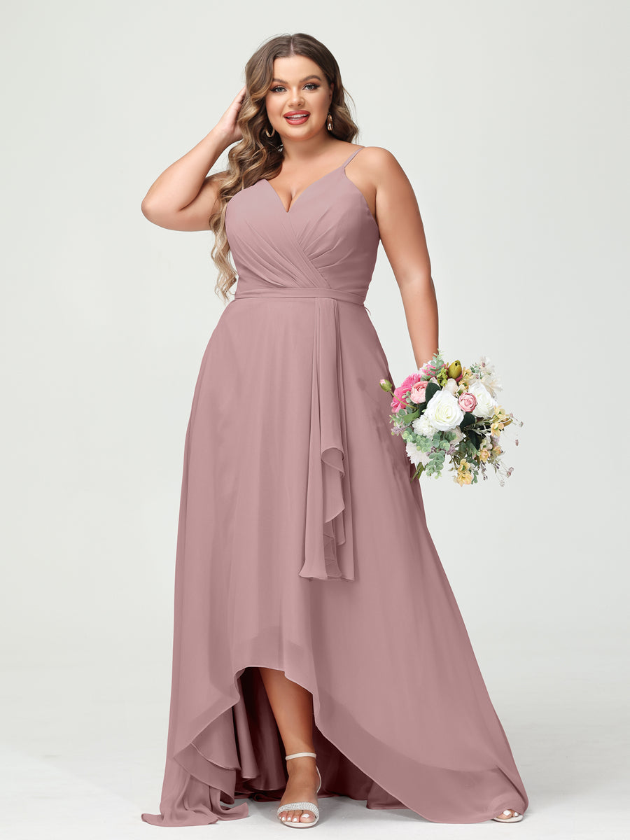 Vestidos Princesa/ Formato A com Alças Finas Em Chiffon Babados Assimétricos Vestidos de Dama de Honra com Bolsos