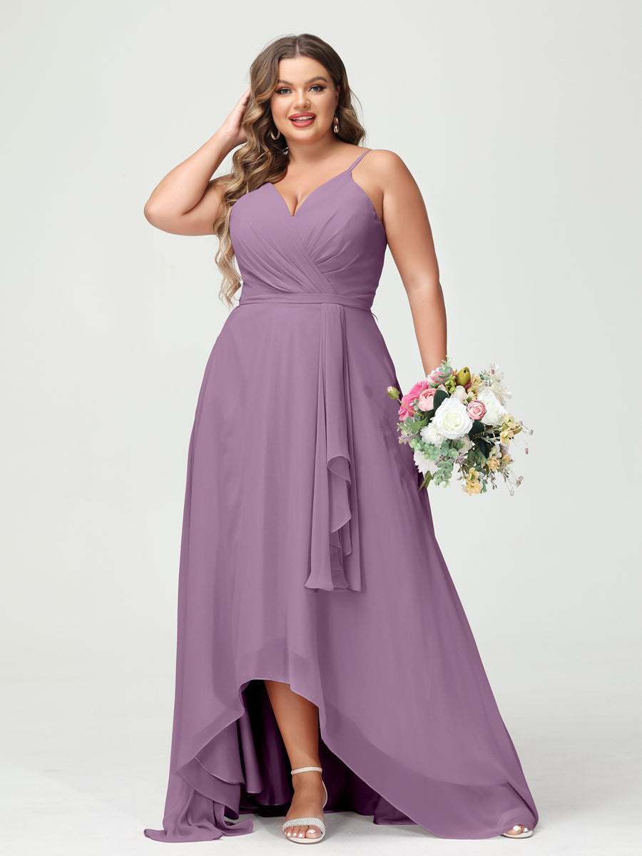Vestidos Princesa/ Formato A com Alças Finas Em Chiffon Babados Assimétricos Vestidos de Dama de Honra com Bolsos