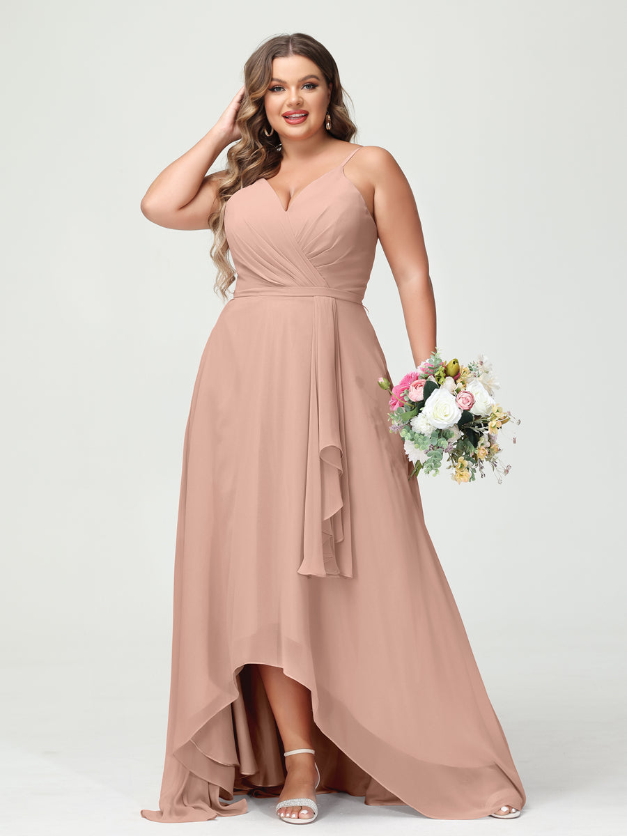 Vestidos Princesa/ Formato A com Alças Finas Em Chiffon Babados Assimétricos Vestidos de Dama de Honra com Bolsos