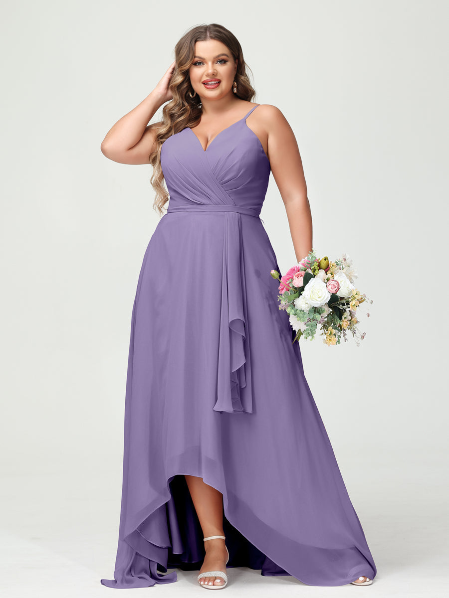Vestidos Princesa/ Formato A com Alças Finas Em Chiffon Babados Assimétricos Vestidos de Dama de Honra com Bolsos