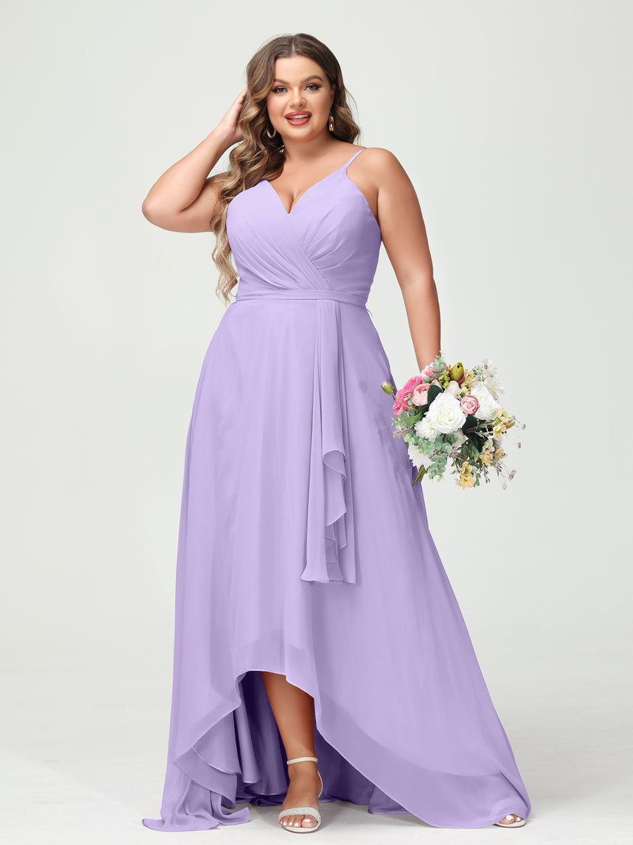 Vestidos Princesa/ Formato A com Alças Finas Em Chiffon Babados Assimétricos Vestidos de Dama de Honra com Bolsos