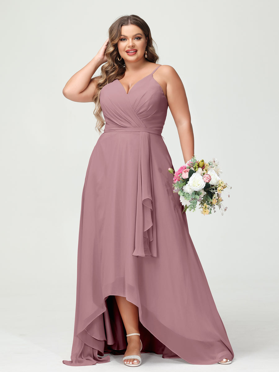 Vestidos Princesa/ Formato A com Alças Finas Em Chiffon Babados Assimétricos Vestidos de Dama de Honra com Bolsos