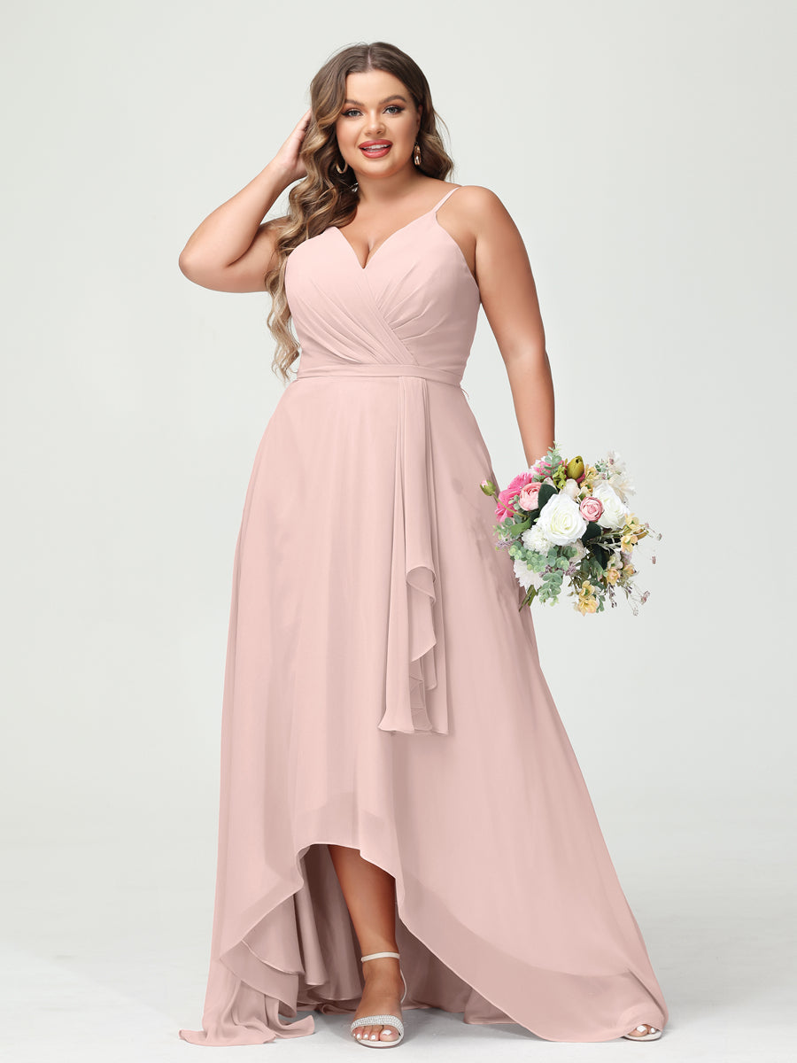 Vestidos Princesa/ Formato A com Alças Finas Em Chiffon Babados Assimétricos Vestidos de Dama de Honra com Bolsos